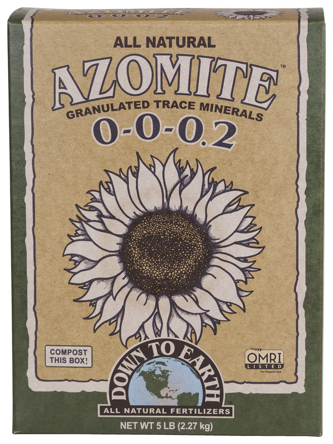 Down To Earth Azomite packaging shows the OMRI-listed product for organic gardens