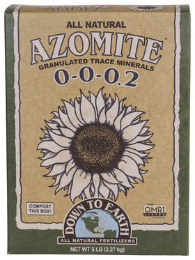 Down To Earth Azomite packaging shows the OMRI-listed product for organic gardens