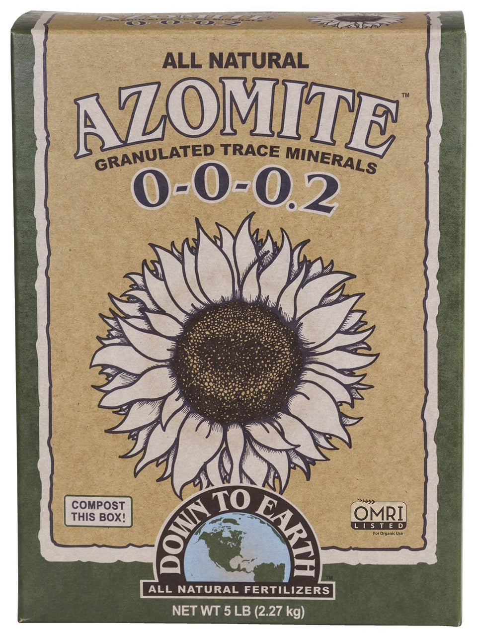 Down To Earth Azomite packaging shows the OMRI-listed product for organic gardens