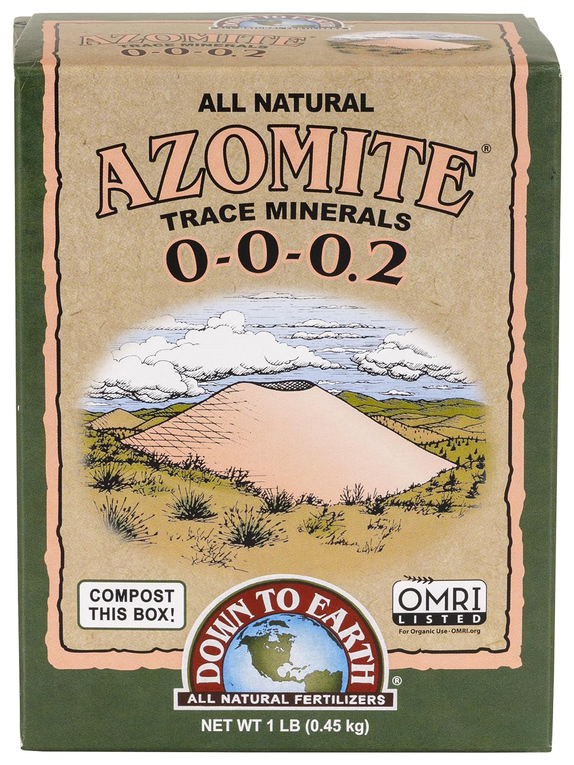Down To Earth Azomite powder 1lb box for soil remineralization and trace minerals.