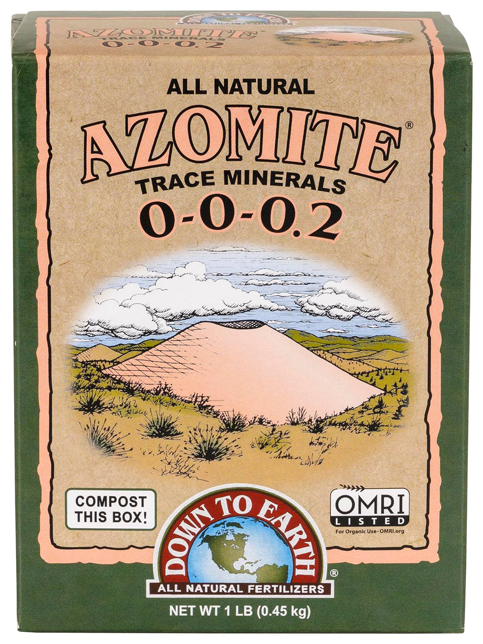 Down To Earth Azomite powder 1lb box for soil remineralization and trace minerals.