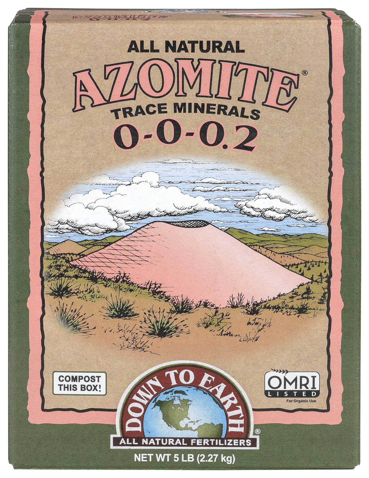Down To Earth Azomite powder bag for organic soil enrichment and mineral replenishment.