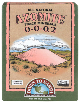 Down To Earth Azomite powder bag for organic soil enrichment and mineral replenishment.