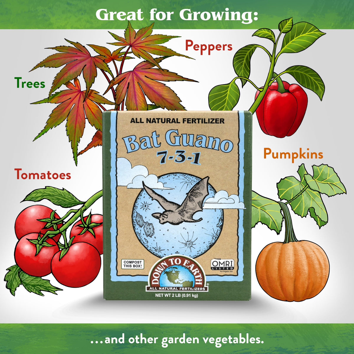 Down To Earth Bat Guano 7-3-1 nutrition supports leafy vegetative growth.