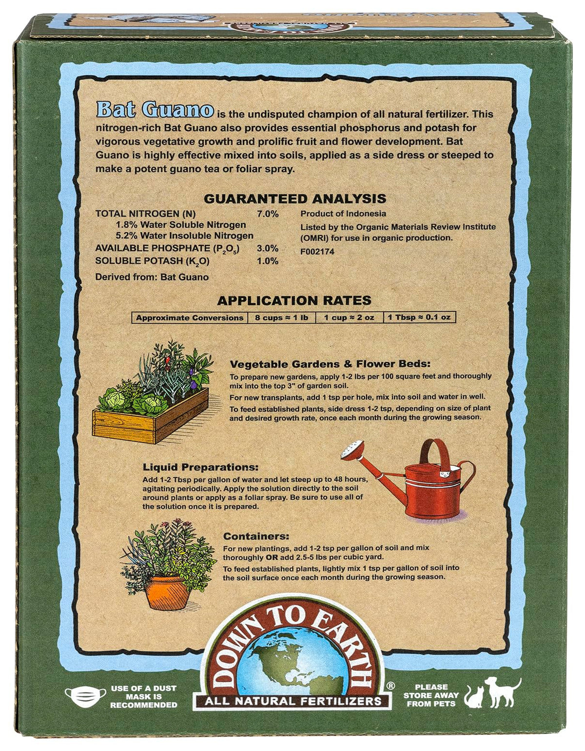 Down To Earth Bat Guano bag and label for quick organic nutrient reference.