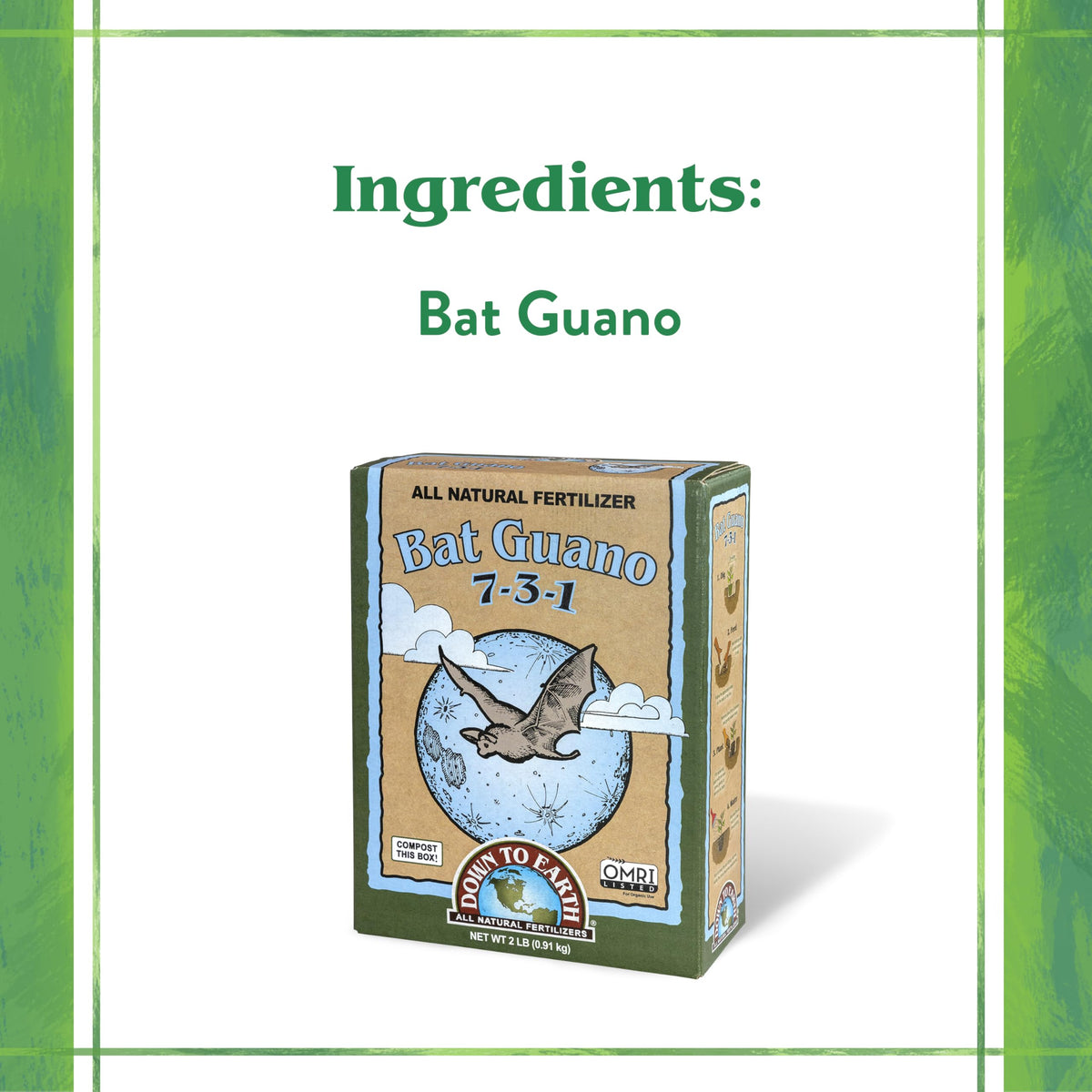 Down To Earth Bat Guano dried powder container ready for mixing.