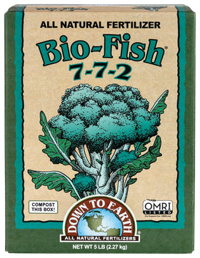 Down To Earth All Natural Fertilizers Organic Bio-Fish fertilizer bottle boosts soil nutrients for thriving plants.