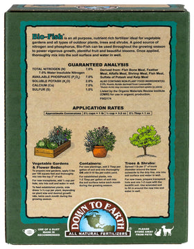 Down To Earth All Natural Fertilizers Bio-Fish fertilizer granules enrich soil biology for healthier roots.