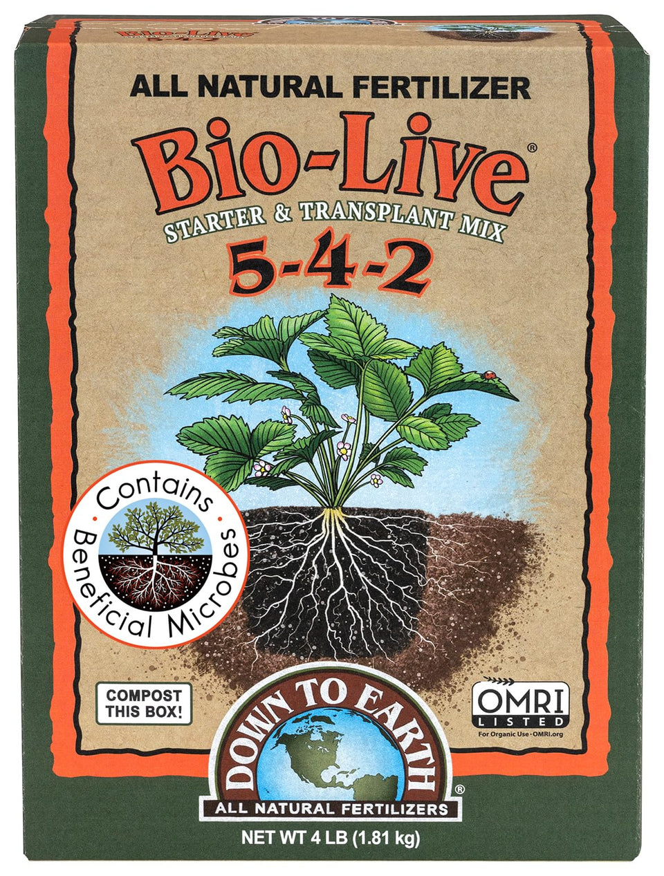 Down To Earth Bio Live Fertilizer Mix 5-4-2 box front boosts organic garden nutrition