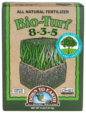 Down To Earth Bio-Turf bag closeup of natural granules for a lush lawn.