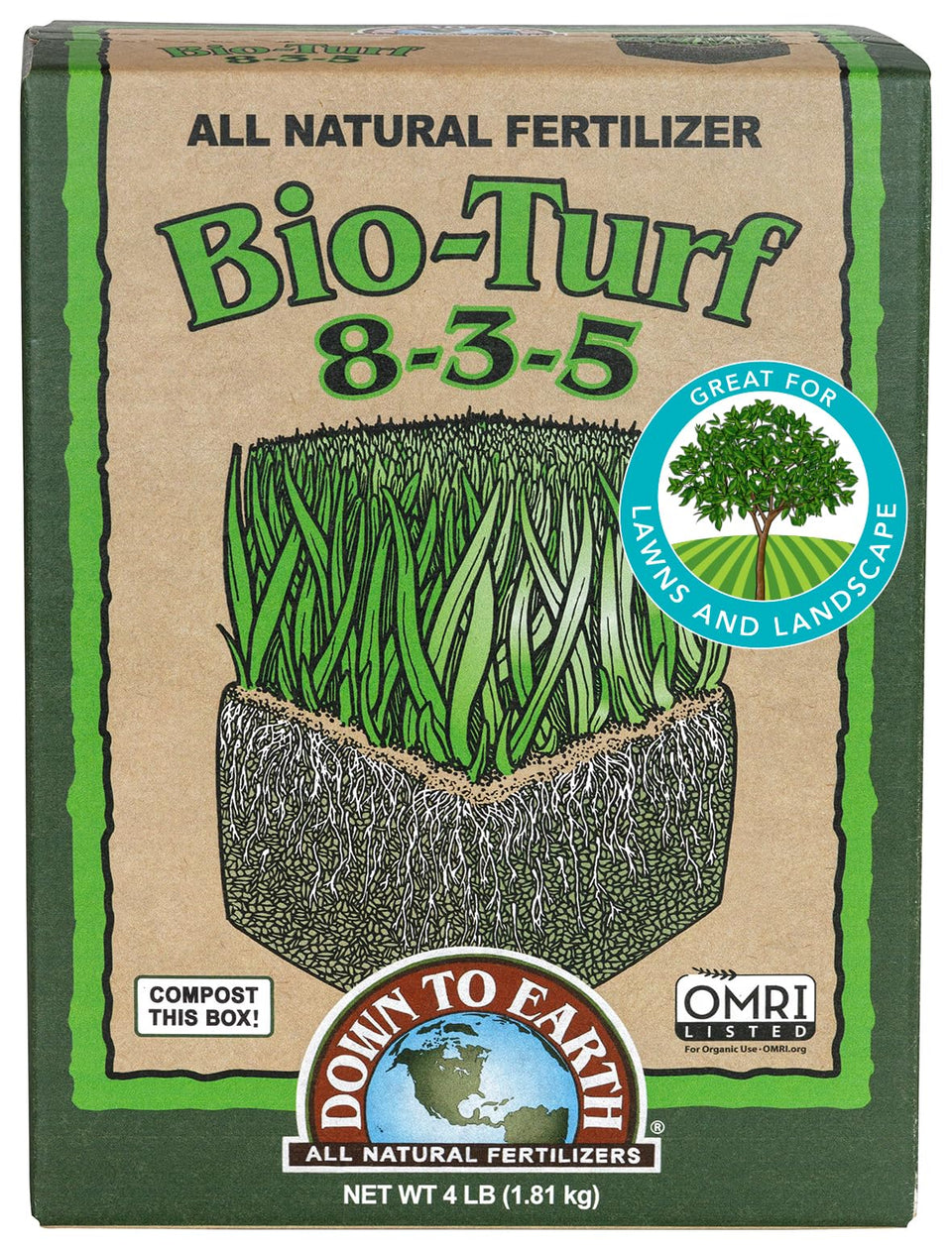 Down To Earth Bio-Turf bag closeup of natural granules for a lush lawn.