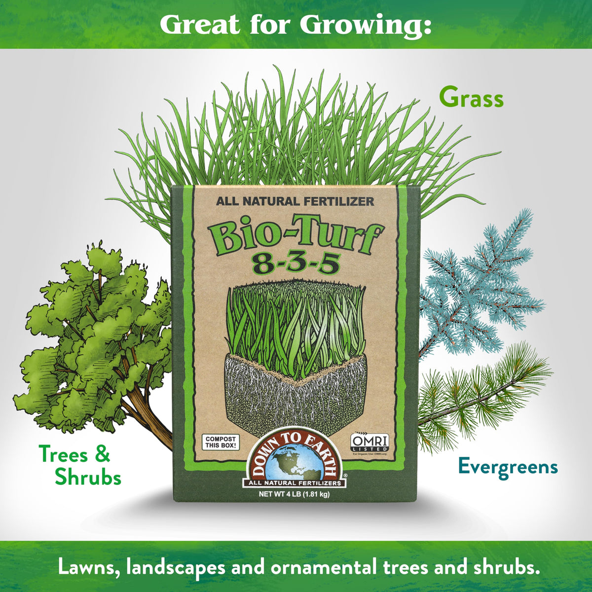 Down To Earth Bio-Turf spreader-ready formula improves application with lawn spreaders.