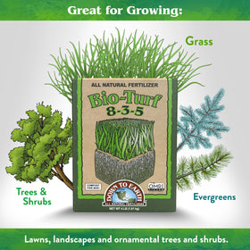 Down To Earth Bio-Turf spreader-ready formula improves application with lawn spreaders.