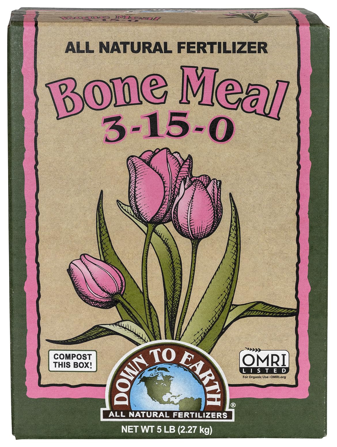 Down To Earth Organic Bone Meal 5 lb bag boosts phosphorus for robust roots and abundant blooms.