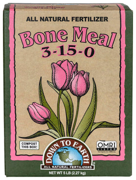 Down To Earth Organic Bone Meal 5 lb bag boosts phosphorus for robust roots and abundant blooms.