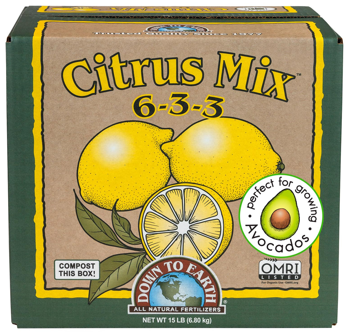 Down To Earth Citrus Mix 6-3-3 bag highlighting balanced formula for fruit trees