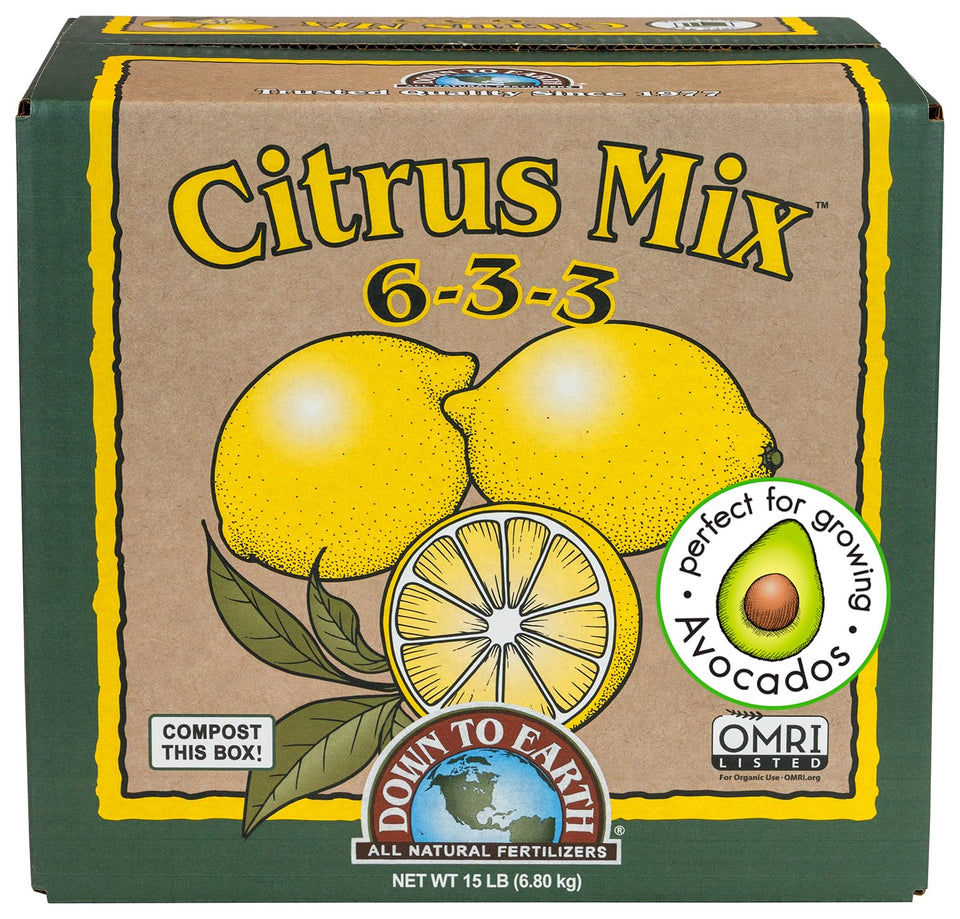 Down To Earth Citrus Mix 6-3-3 bag highlighting balanced formula for fruit trees