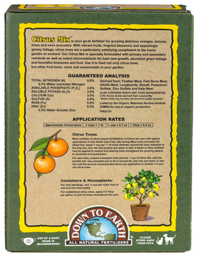Down To Earth Citrus Mix around the drip line for healthy foliage