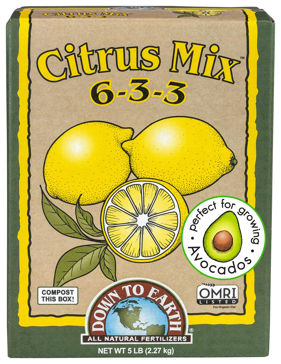 Down To Earth Citrus Mix box shown for organic citrus feeding and lush foliage.