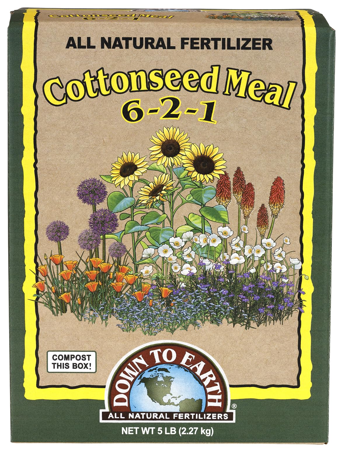Down To Earth cottonseed meal bag enriches soil for acid-loving plants.