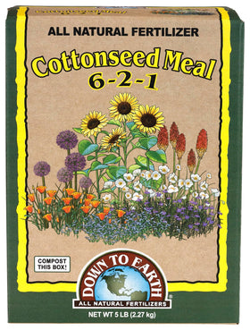 Down To Earth cottonseed meal bag enriches soil for acid-loving plants.