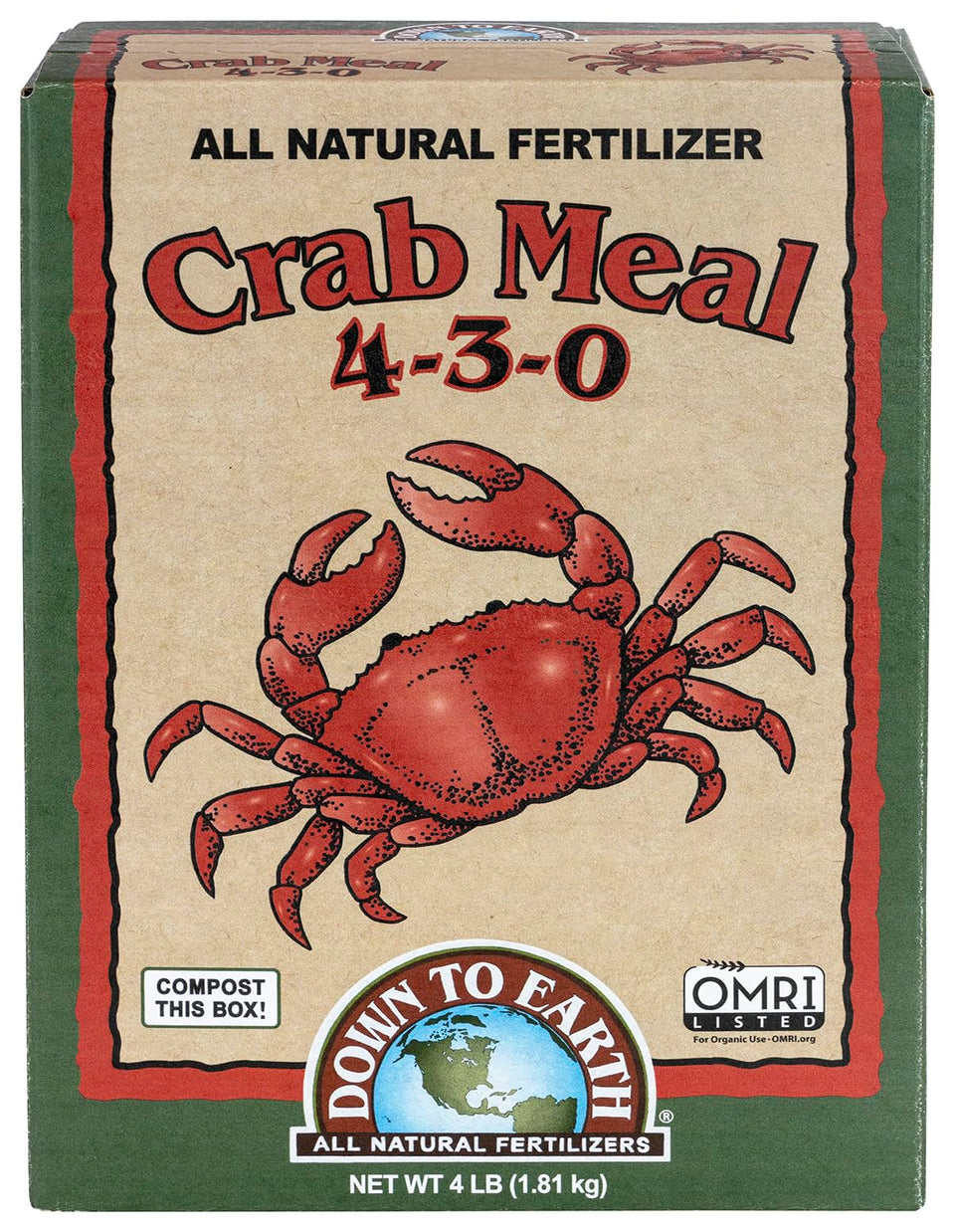 Down To Earth crab meal bag beside a vegetable bed for steady soil nutrition.
