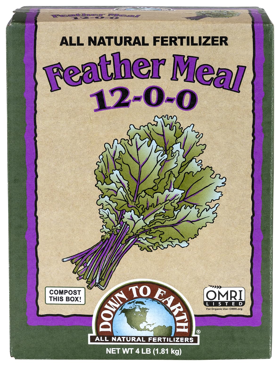 Down To Earth Feather Meal bag showing organic nitrogen for steady green growth