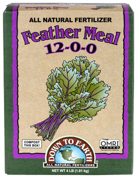 Down To Earth Feather Meal bag showing organic nitrogen for steady green growth
