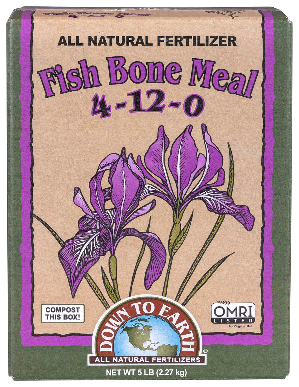 Down To Earth Fish Bone Meal box front view supporting organic garden nourishment