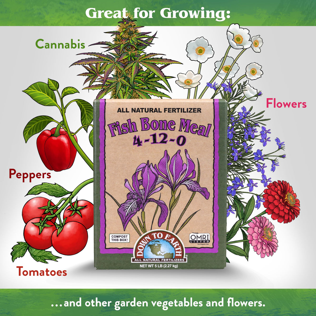 Down To Earth Fish Bone Meal nutrient label emphasizes 4-12-0 balance for roots and blooms