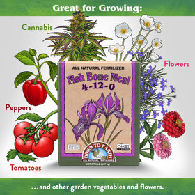 Down To Earth Fish Bone Meal nutrient label emphasizes 4-12-0 balance for roots and blooms