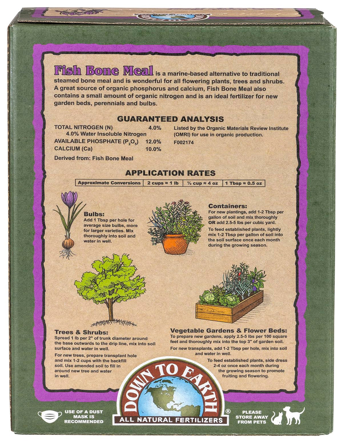 Down To Earth Fish Bone Meal packaging closeup highlighting OMRI-listed status for organic gardening