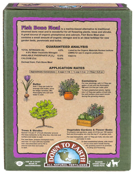 Down To Earth Fish Bone Meal packaging closeup highlighting OMRI-listed status for organic gardening