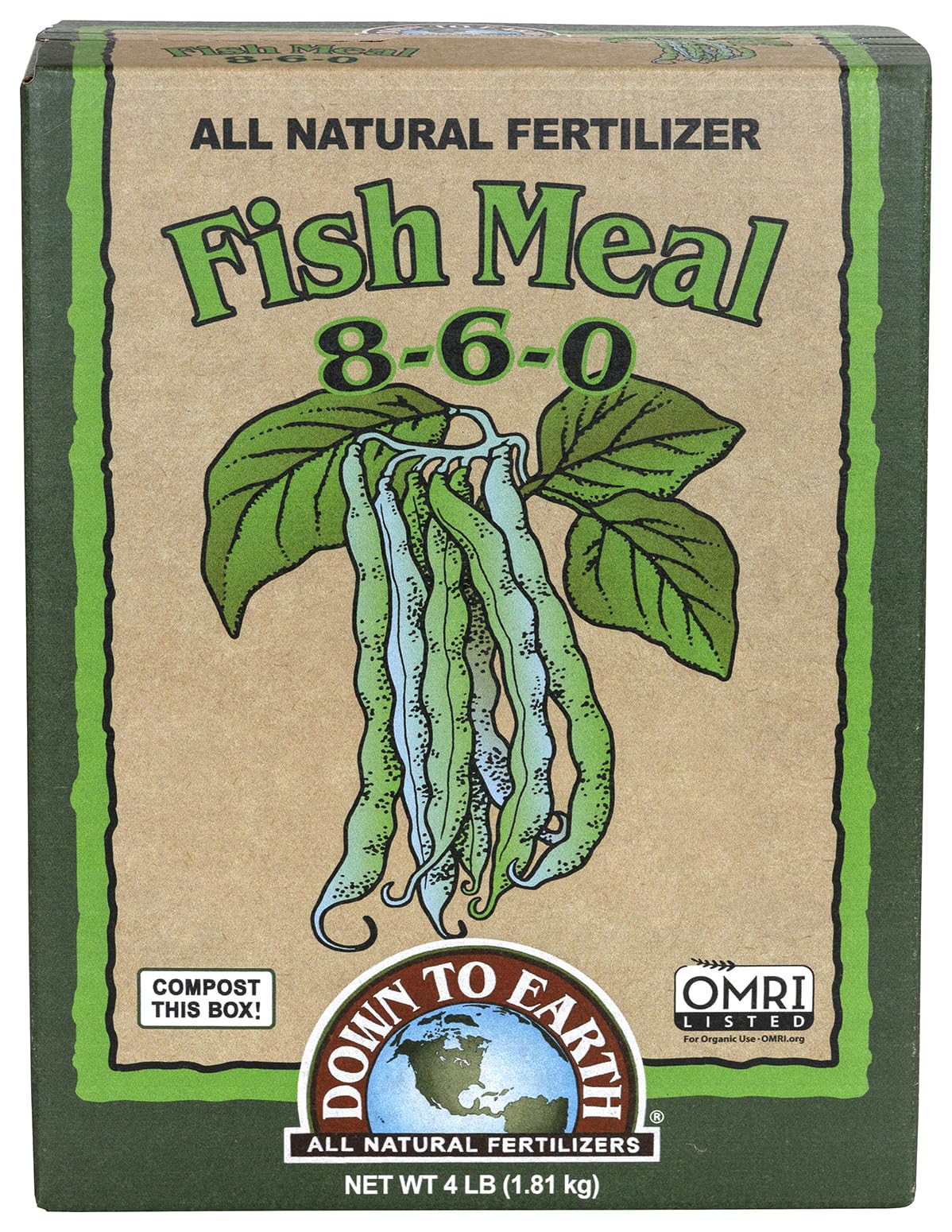 Down To Earth fish meal packaging shows a 4 lb bag for easy garden prep.