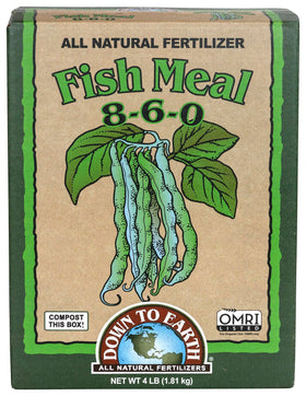 Down To Earth fish meal packaging shows a 4 lb bag for easy garden prep.