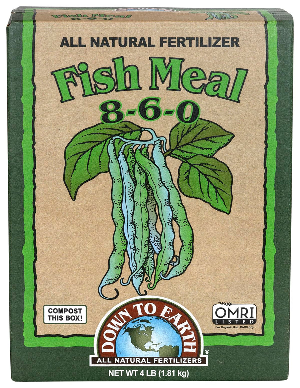 Down To Earth fish meal packaging shows a 4 lb bag for easy garden prep.