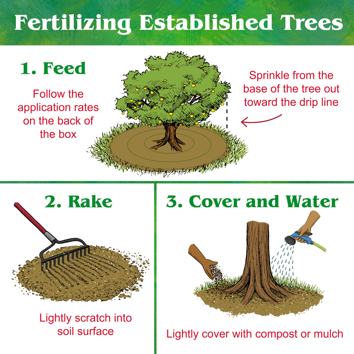 Down To Earth fruit tree application being sprinkled around budding branches helps soil coverage.