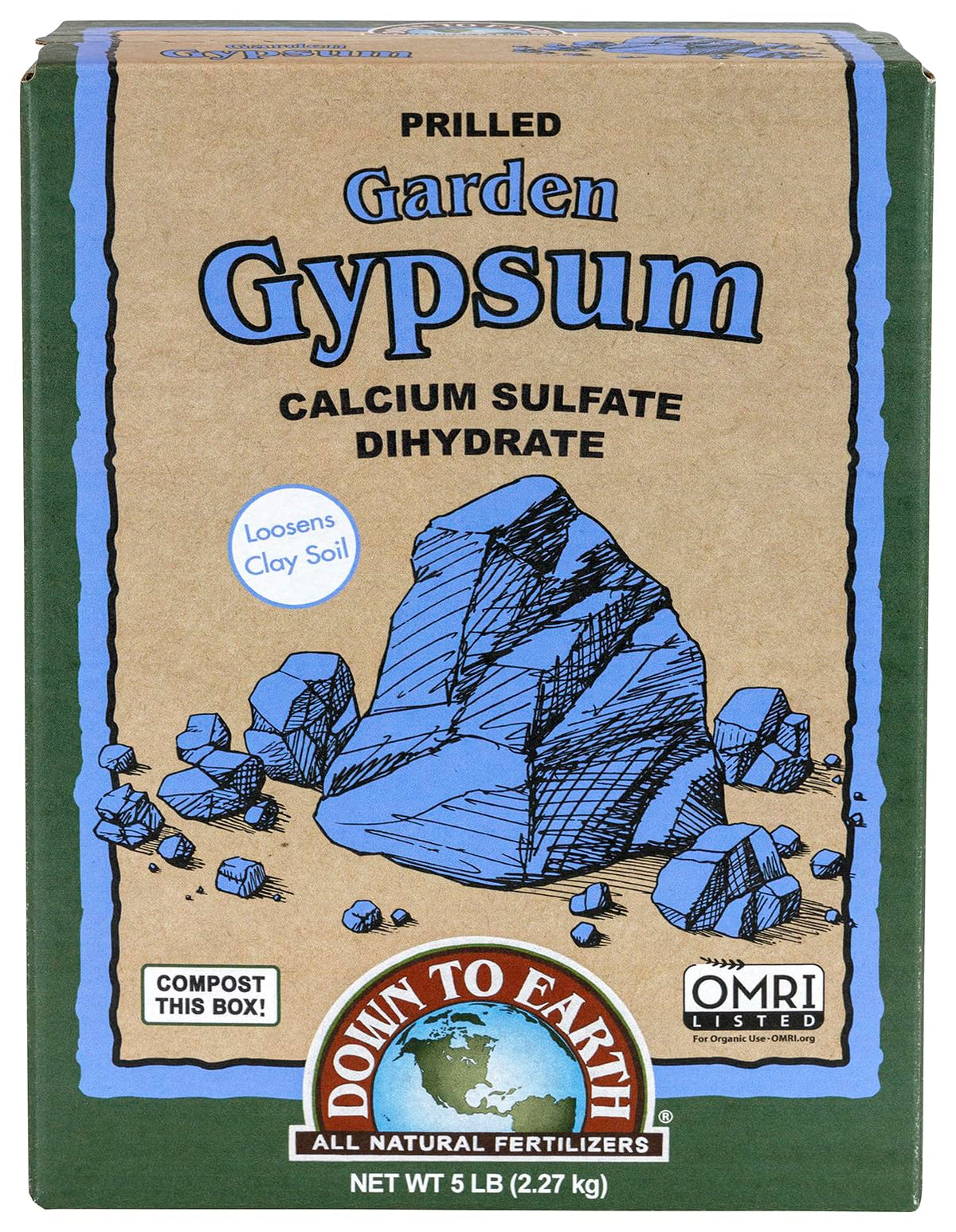 Down To Earth Garden Gypsum bag front shows calcium sulfate for clay soil loosening