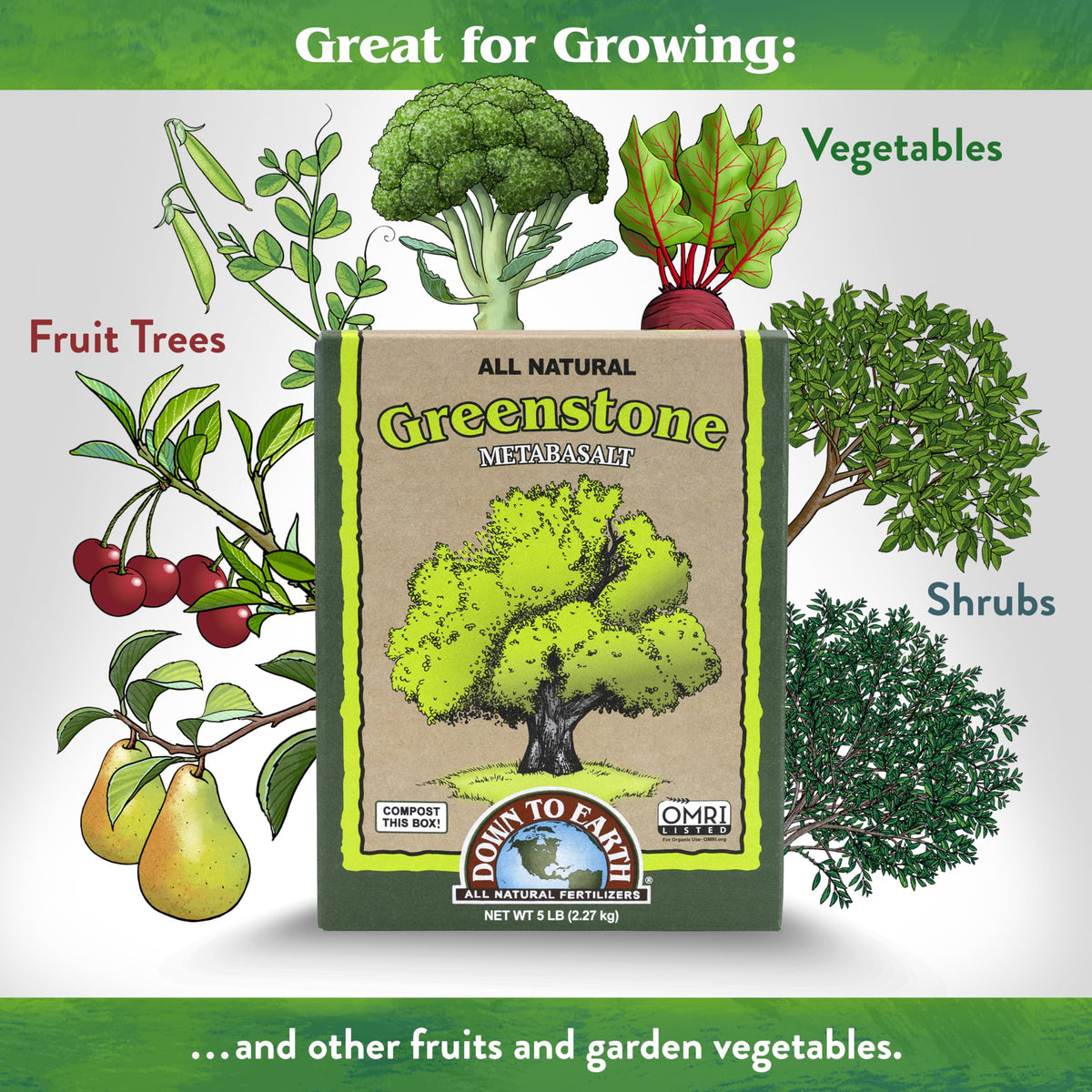 Down To Earth Greenstone Metabasalt granules improve soil tilth and nutrient availability.