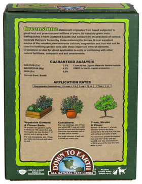 Down To Earth Greenstone Metabasalt mineral-rich pellets support calcium, magnesium, and iron for soil health.