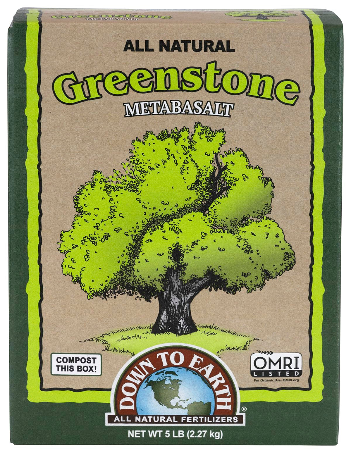 Down To Earth Greenstone Metabasalt bag ready for soil amendment to boost mineral balance.