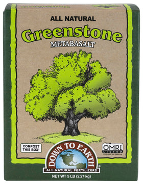 Down To Earth Greenstone Metabasalt bag ready for soil amendment to boost mineral balance.
