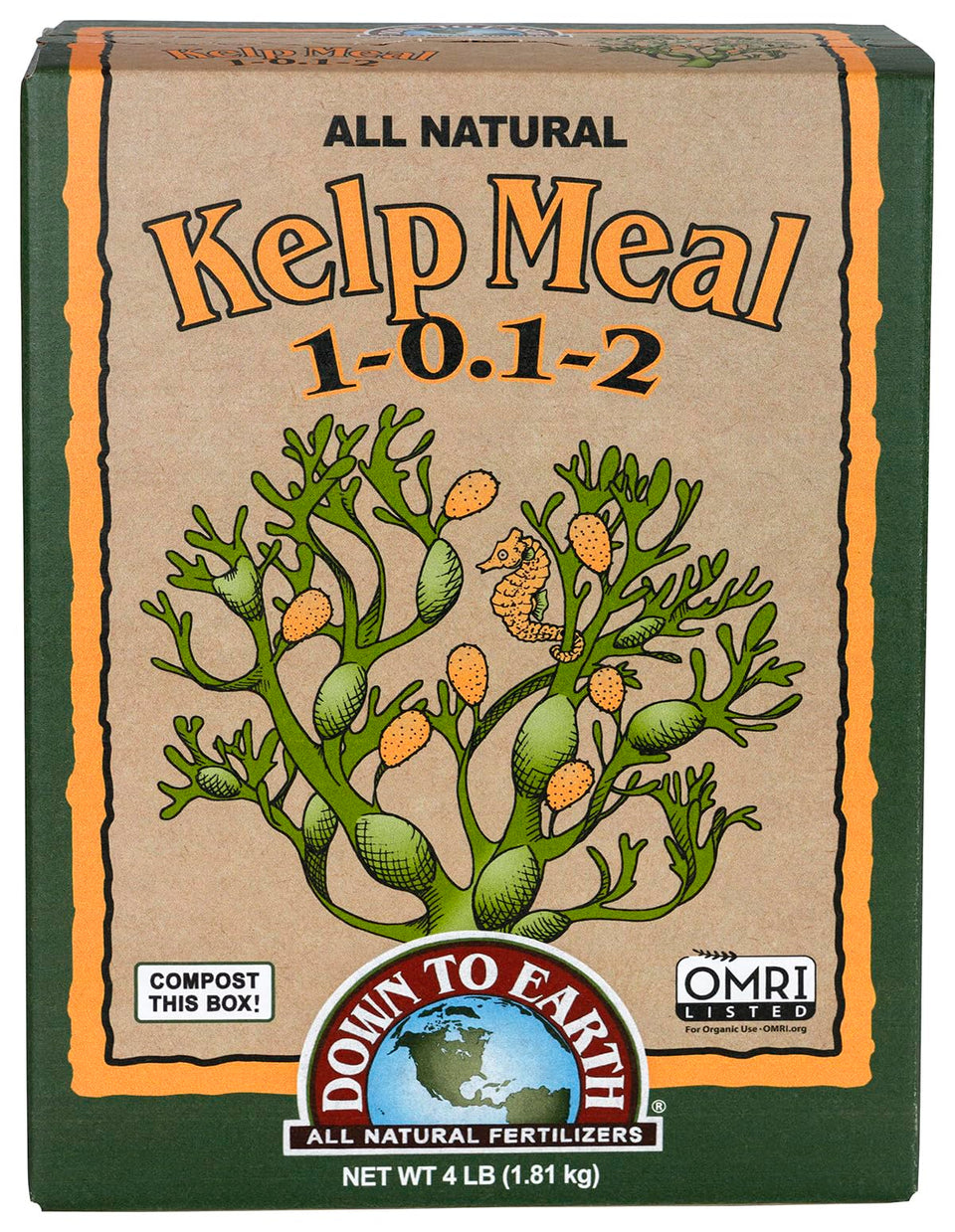 Down To Earth Kelp Meal box front shows organic seaweed fertilizer for soil nourishment.