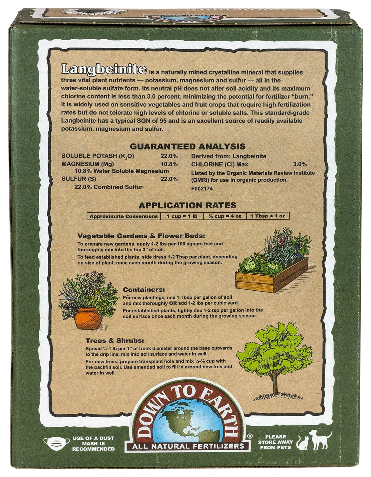 Langbeinite 0-0-22 bag back showing product details and ingredients