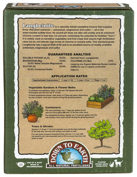 Langbeinite 0-0-22 bag back showing product details and ingredients