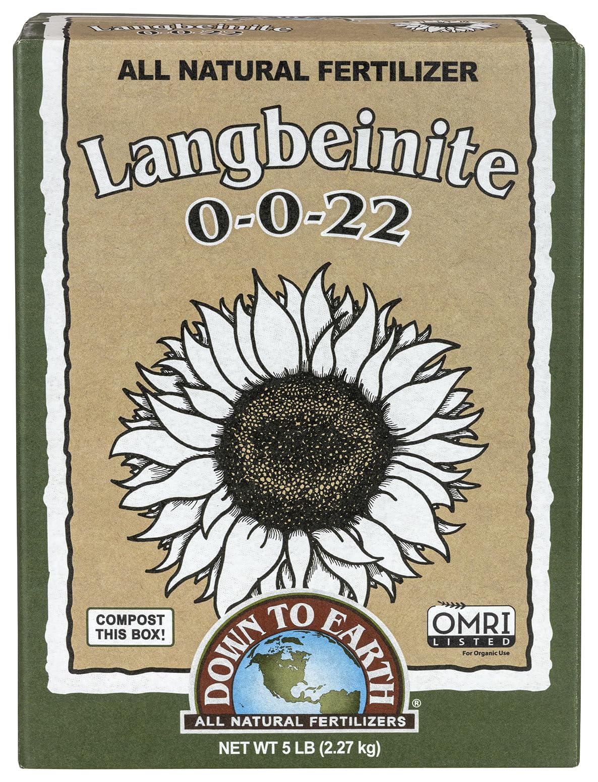 Down To Earth Langbeinite 0-0-22 bag front with natural nutrients for growth