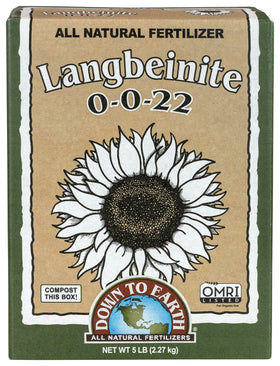 Down To Earth Langbeinite 0-0-22 bag front with natural nutrients for growth