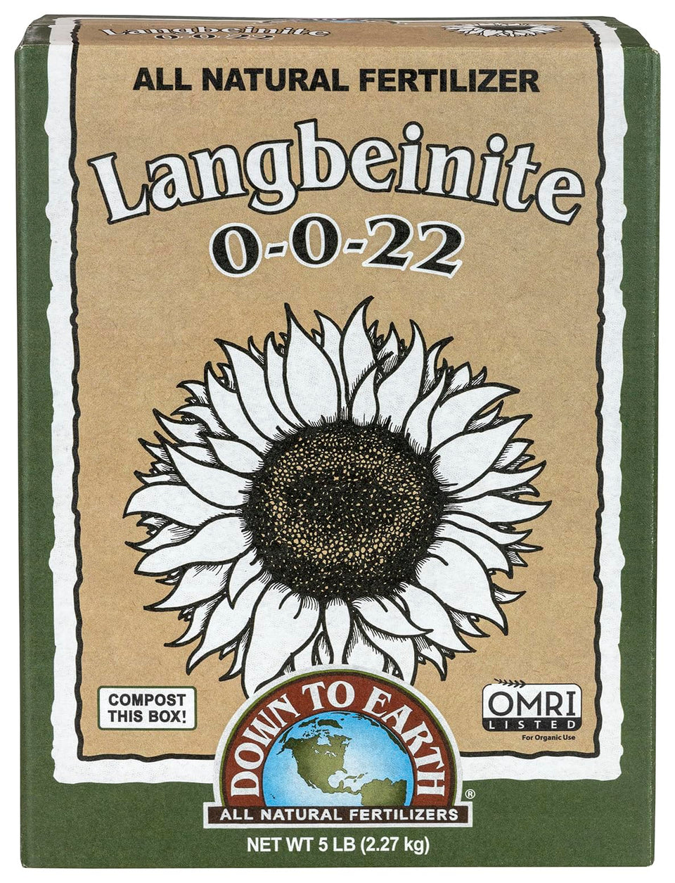Down To Earth Langbeinite 0-0-22 bag front with natural nutrients for growth