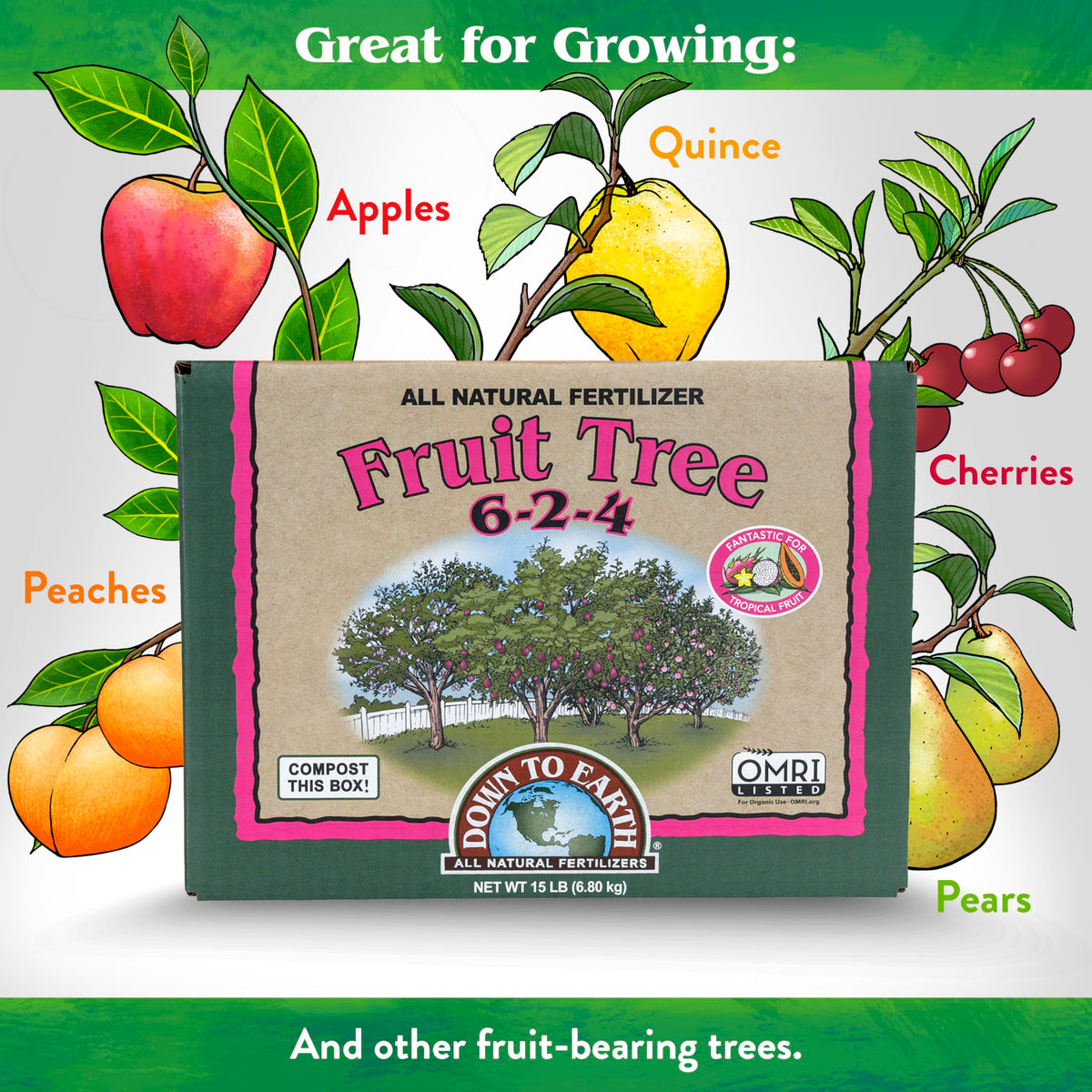 Down To Earth OMRI-listed label confirms organic gardening compatibility for fruit trees.
