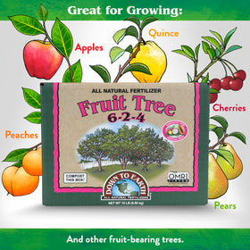 Down To Earth OMRI-listed label confirms organic gardening compatibility for fruit trees.
